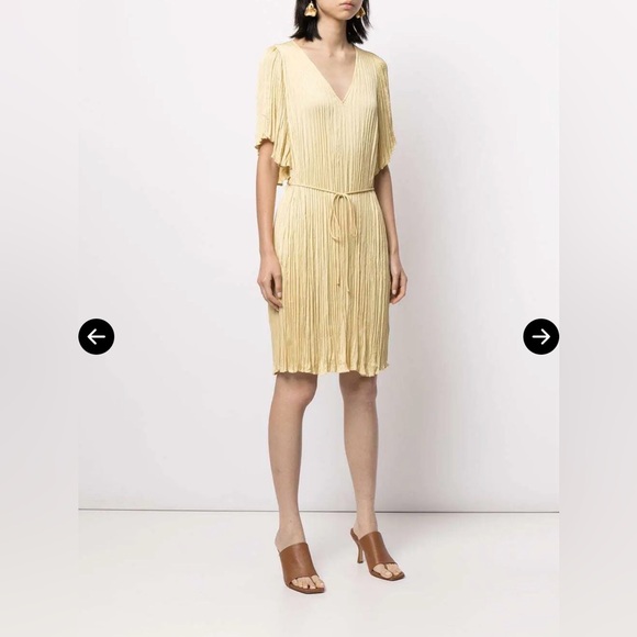 Vince Pleated V Neck Dress Yellow Silk Blend Flutter Sleeve NWT XS